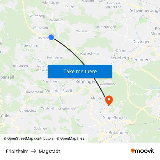 Friolzheim to Magstadt map