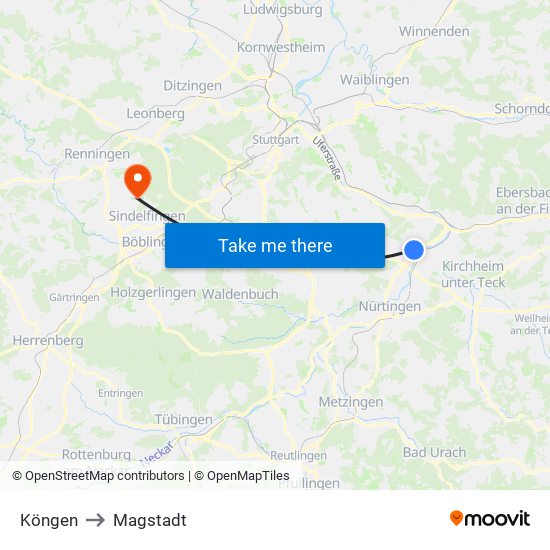 Köngen to Magstadt map