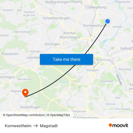 Kornwestheim to Magstadt map