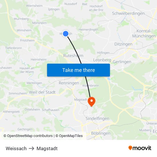 Weissach to Magstadt map
