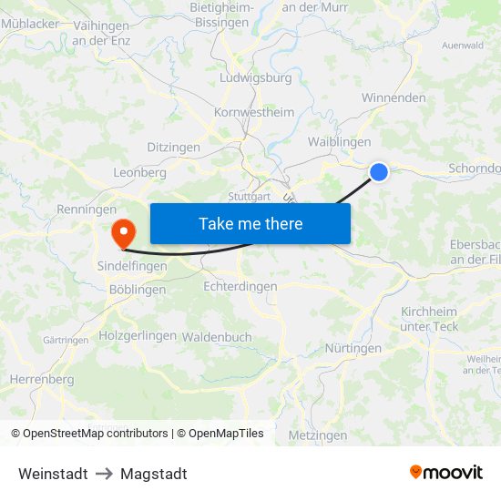 Weinstadt to Magstadt map