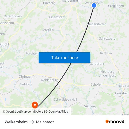 Weikersheim to Mainhardt map