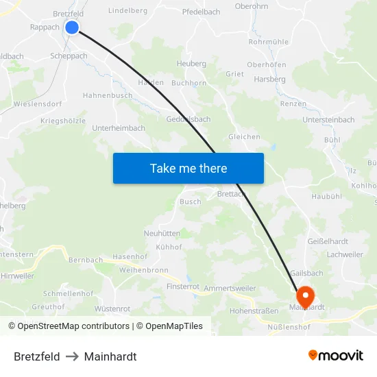 Bretzfeld to Mainhardt map