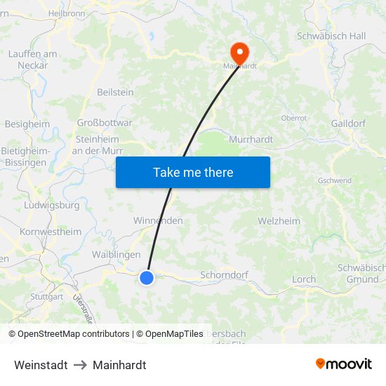 Weinstadt to Mainhardt map
