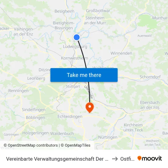Vereinbarte Verwaltungsgemeinschaft Der Stadt Freiberg am Neckar to Ostfildern map