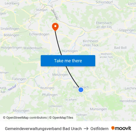 Gemeindeverwaltungsverband Bad Urach to Ostfildern map