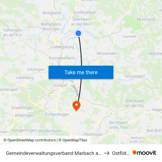Gemeindeverwaltungsverband Marbach am Neckar to Ostfildern map