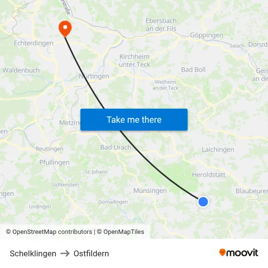 Schelklingen to Ostfildern map