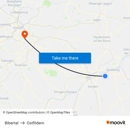 Bibertal to Ostfildern map