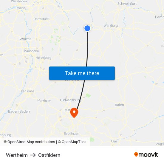 Wertheim to Ostfildern map