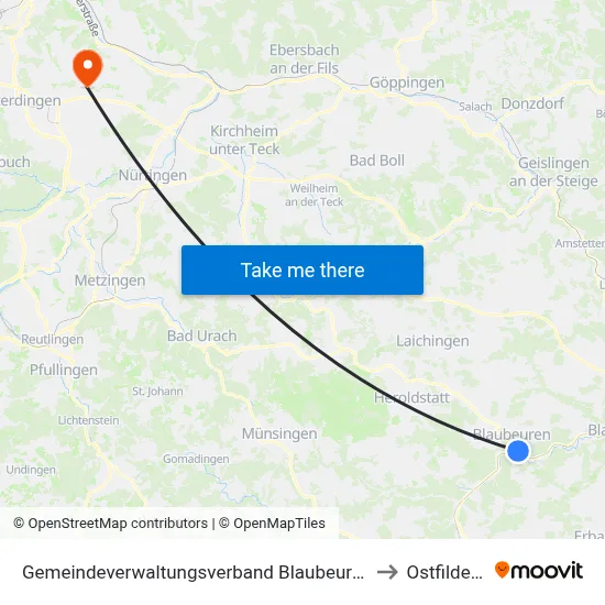 Gemeindeverwaltungsverband Blaubeuren to Ostfildern map