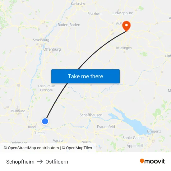 Schopfheim to Ostfildern map