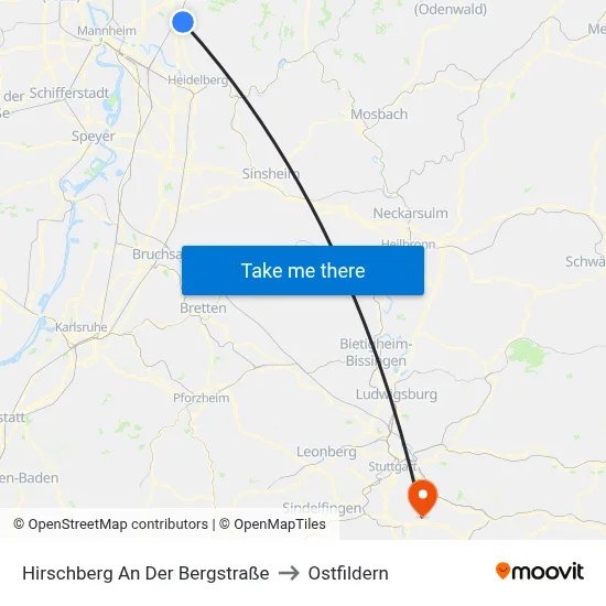 Hirschberg An Der Bergstraße to Ostfildern map
