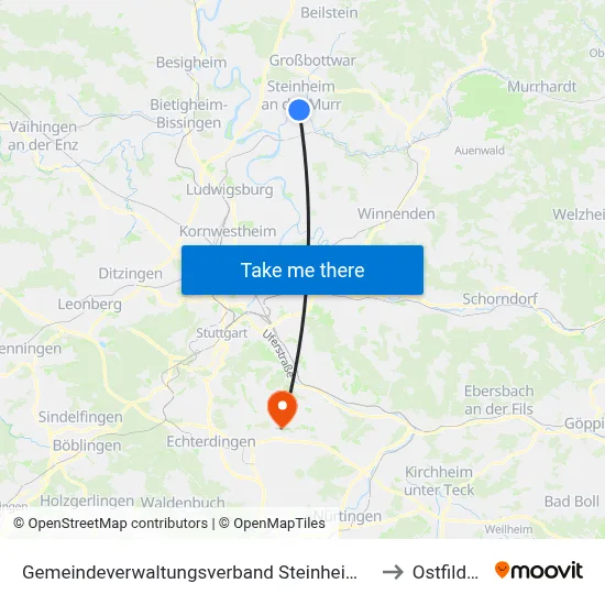 Gemeindeverwaltungsverband Steinheim-Murr to Ostfildern map