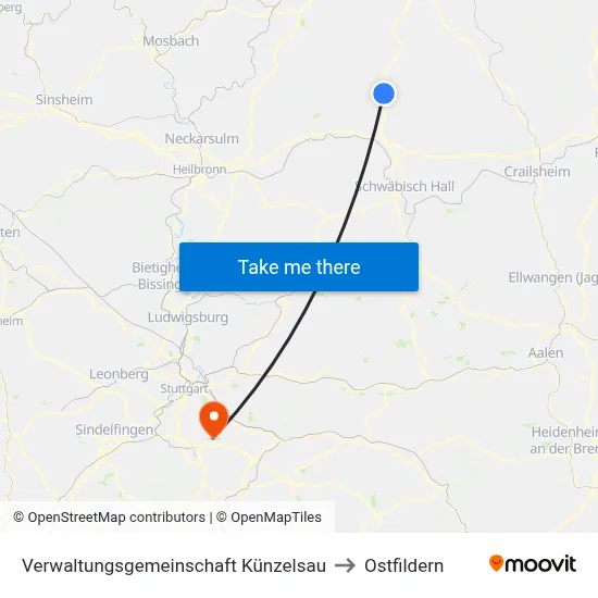 Verwaltungsgemeinschaft Künzelsau to Ostfildern map
