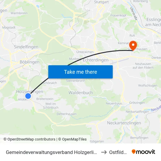 Gemeindeverwaltungsverband Holzgerlingen to Ostfildern map
