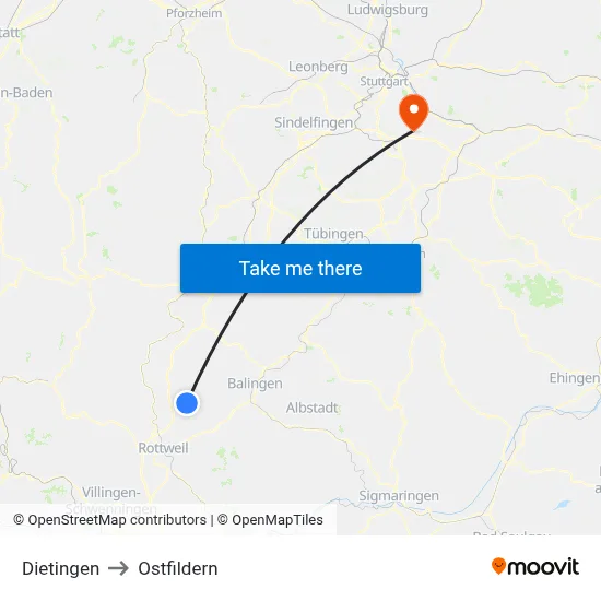 Dietingen to Ostfildern map