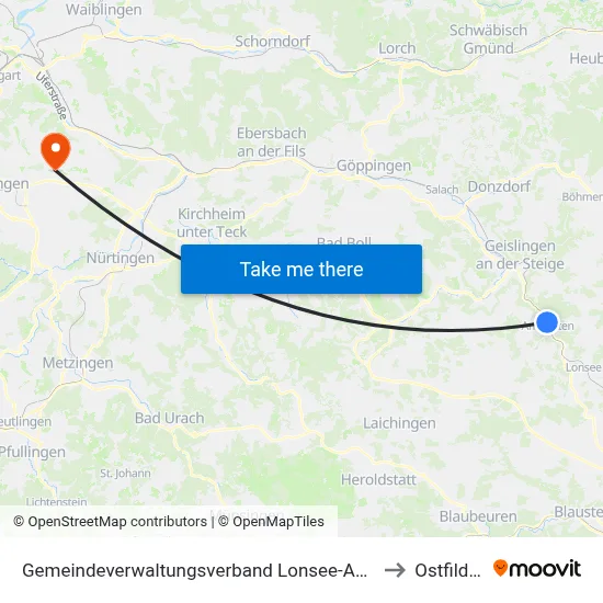Gemeindeverwaltungsverband Lonsee-Amstetten to Ostfildern map