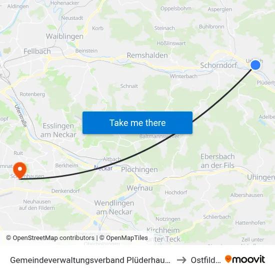 Gemeindeverwaltungsverband Plüderhausen-Urbach to Ostfildern map