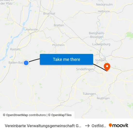 Vereinbarte Verwaltungsgemeinschaft Gernsbach to Ostfildern map