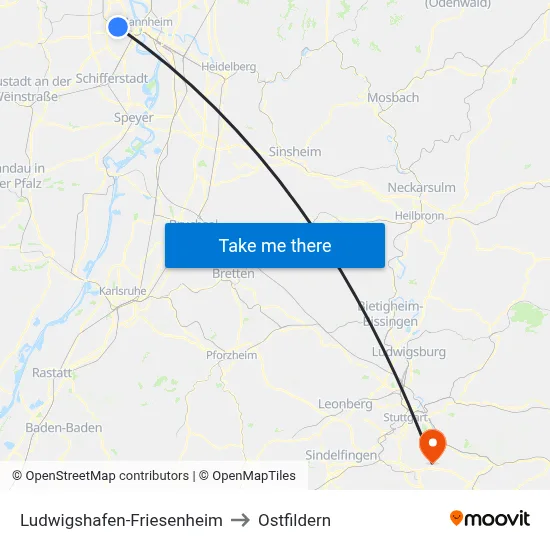 Ludwigshafen-Friesenheim to Ostfildern map