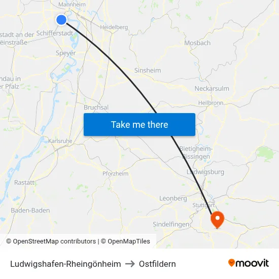 Ludwigshafen-Rheingönheim to Ostfildern map