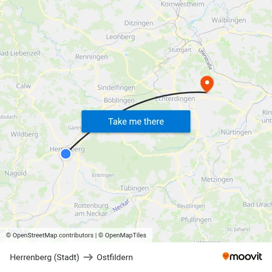 Herrenberg (Stadt) to Ostfildern map