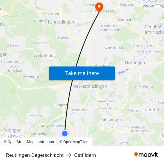 Reutlingen-Degerschlacht to Ostfildern map