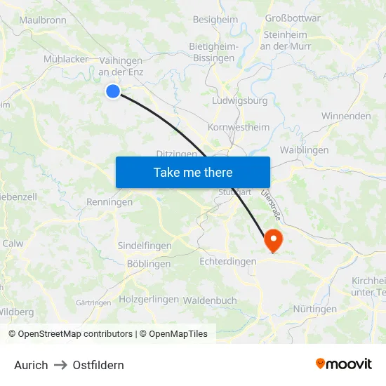 Aurich to Ostfildern map