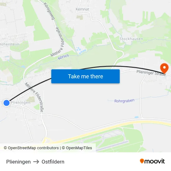 Plieningen to Ostfildern map