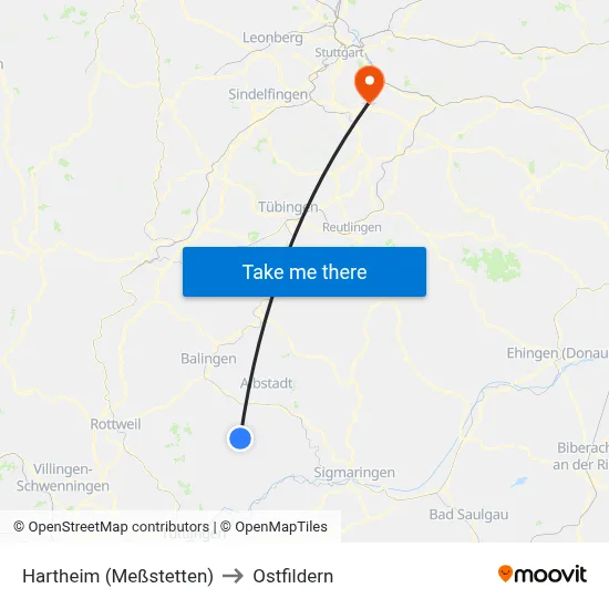 Hartheim (Meßstetten) to Ostfildern map