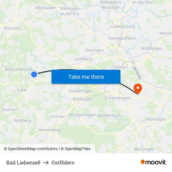 Bad Liebenzell to Ostfildern map
