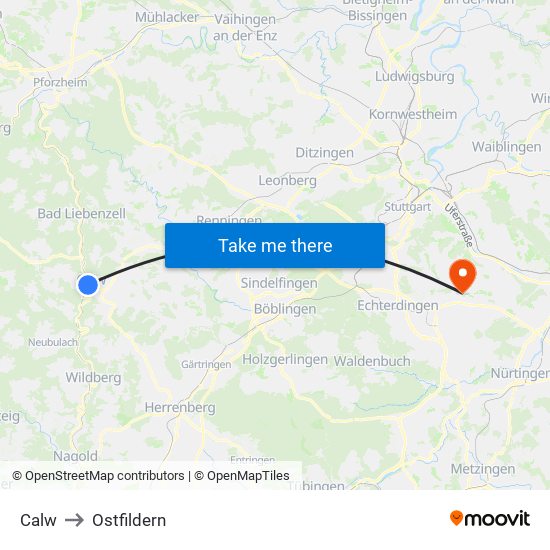 Calw to Ostfildern map