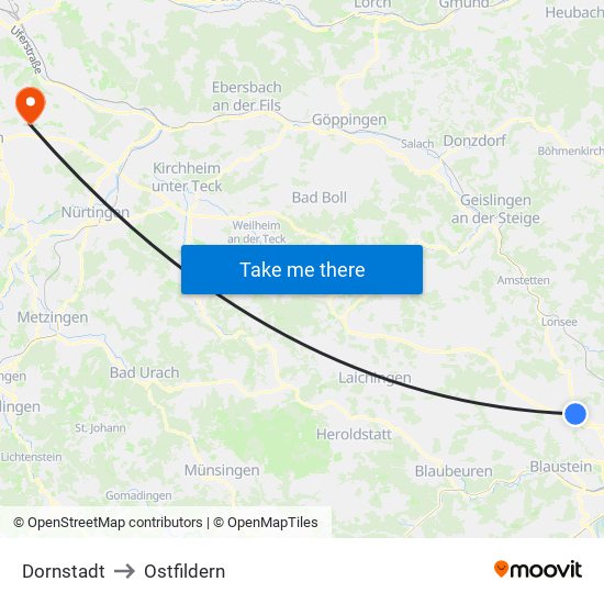 Dornstadt to Ostfildern map