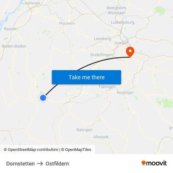 Dornstetten to Ostfildern map