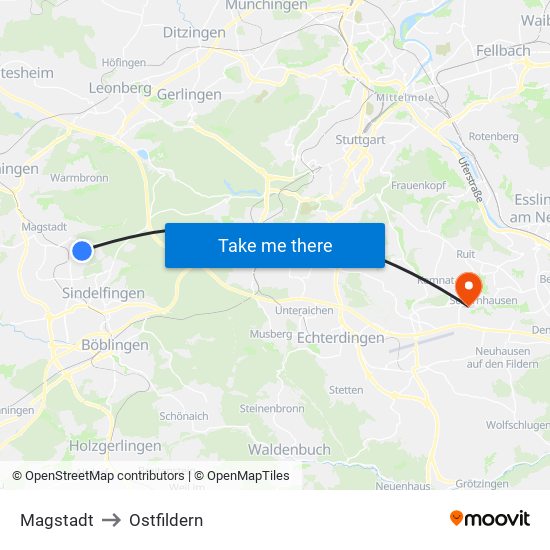 Magstadt to Ostfildern map