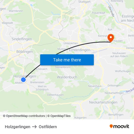 Holzgerlingen to Ostfildern map