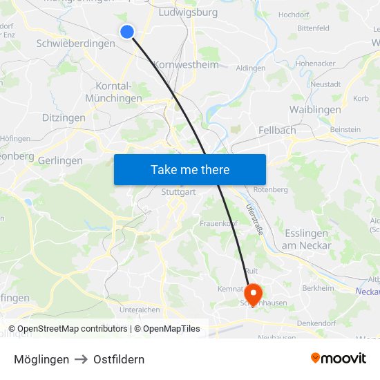 Möglingen to Ostfildern map