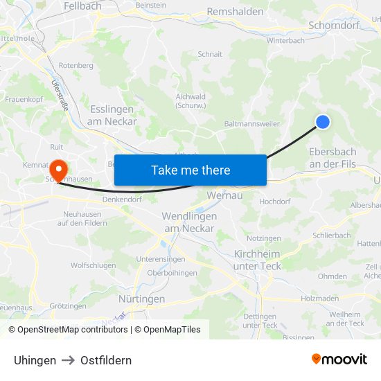 Uhingen to Ostfildern map