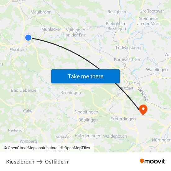 Kieselbronn to Ostfildern map