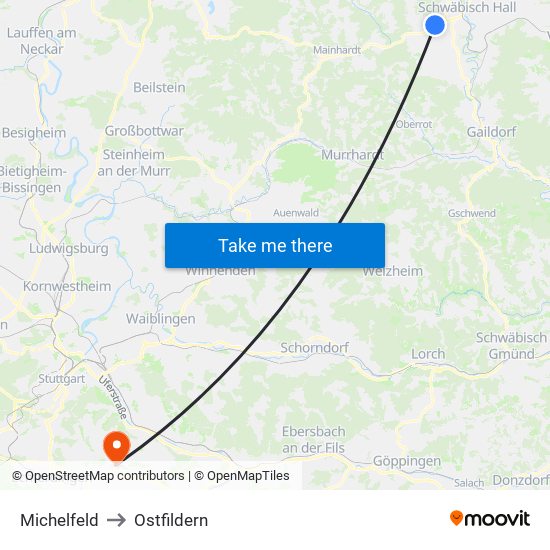 Michelfeld to Ostfildern map