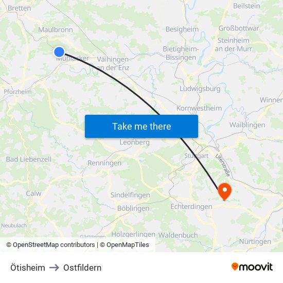 Ötisheim to Ostfildern map