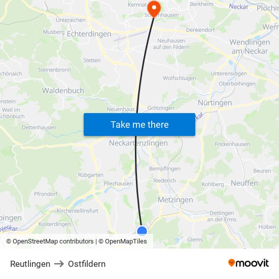 Reutlingen to Ostfildern map