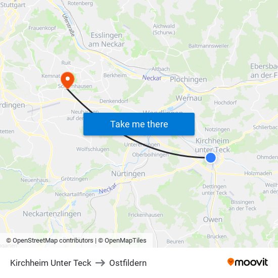 Kirchheim Unter Teck to Ostfildern map