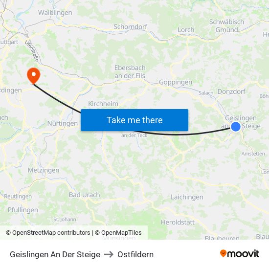 Geislingen An Der Steige to Ostfildern map