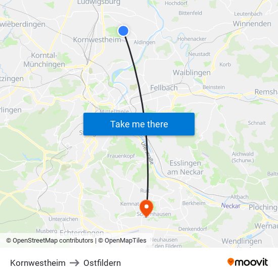 Kornwestheim to Ostfildern map