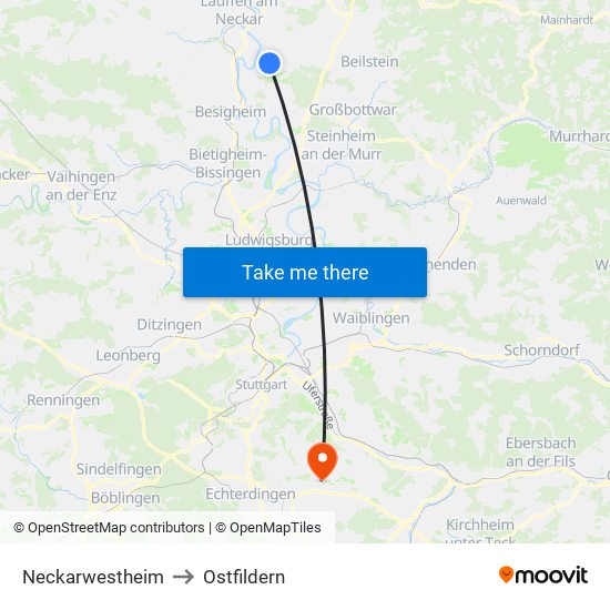 Neckarwestheim to Ostfildern map