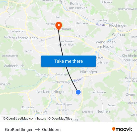 Großbettlingen to Ostfildern map