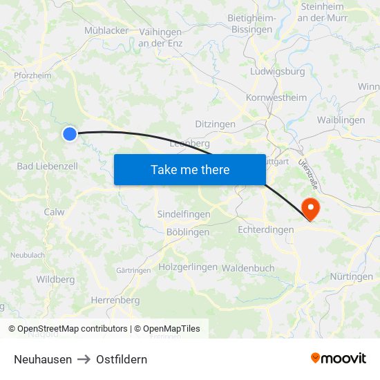 Neuhausen to Ostfildern map