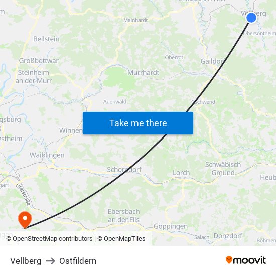 Vellberg to Ostfildern map